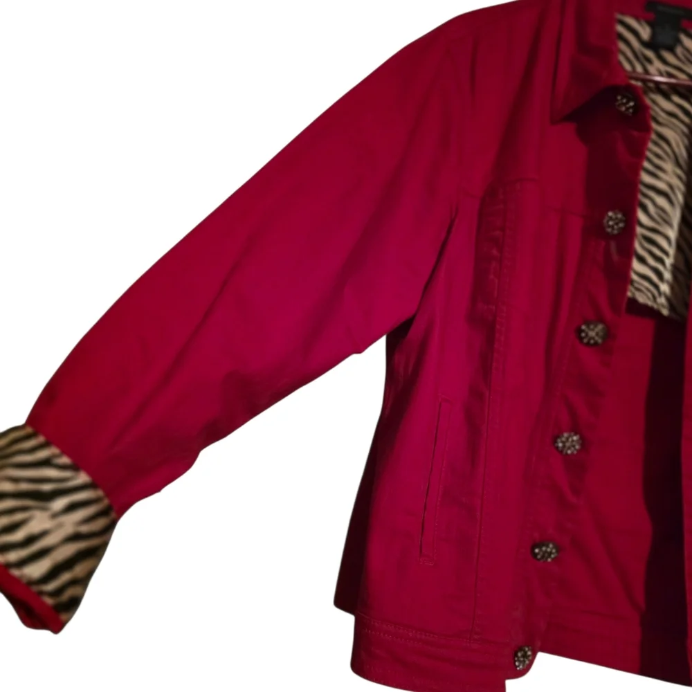 Zebra Lined Collar & Cuffs, Large Sparkle Jeweled Buttons, Red Denim Jacket - Picture 3 of 12